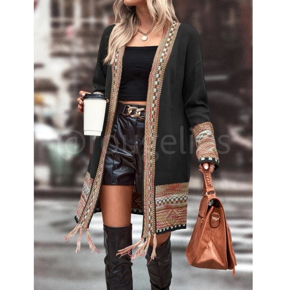 Rouge! Sweaters - Black Cardigan Aztec Western Bohemian Print Knit Long Sleeve